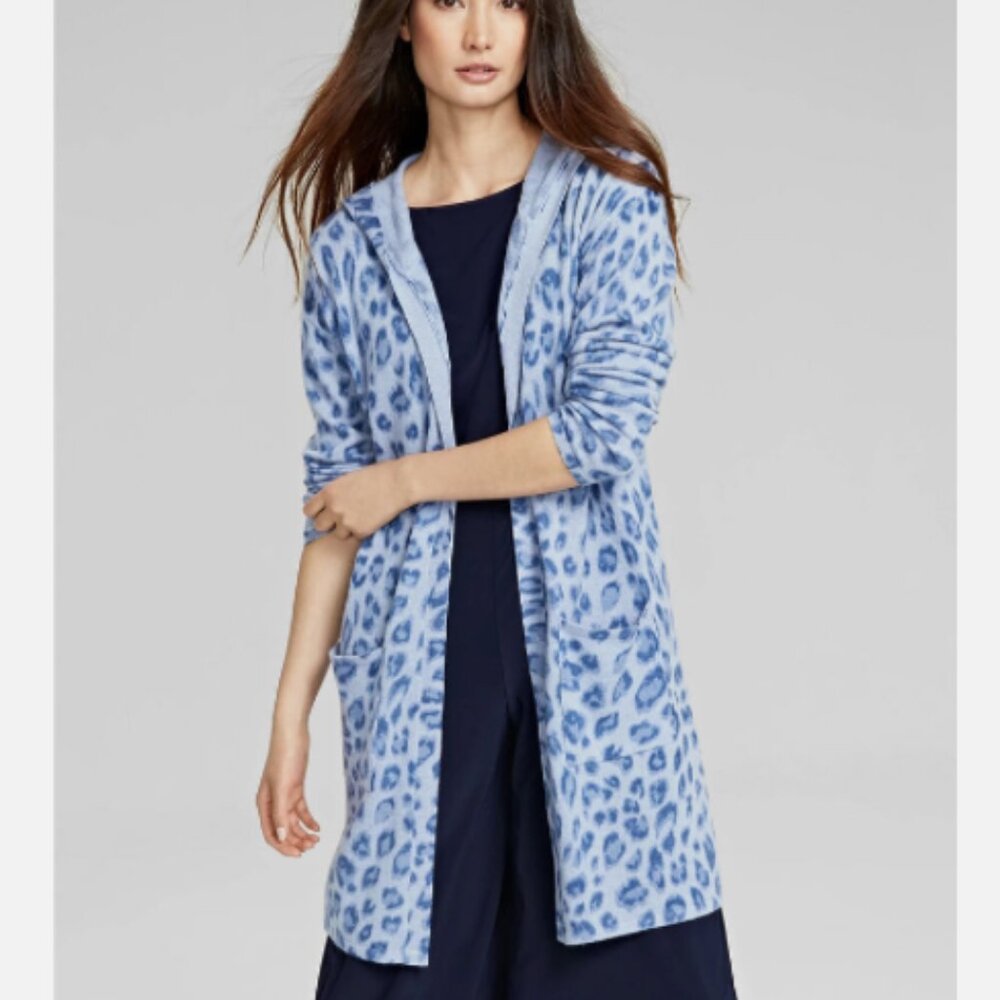 Charter Club 100% Cashmere Blue Lupine Leopard Animal Open Cardigan Hoodie XS